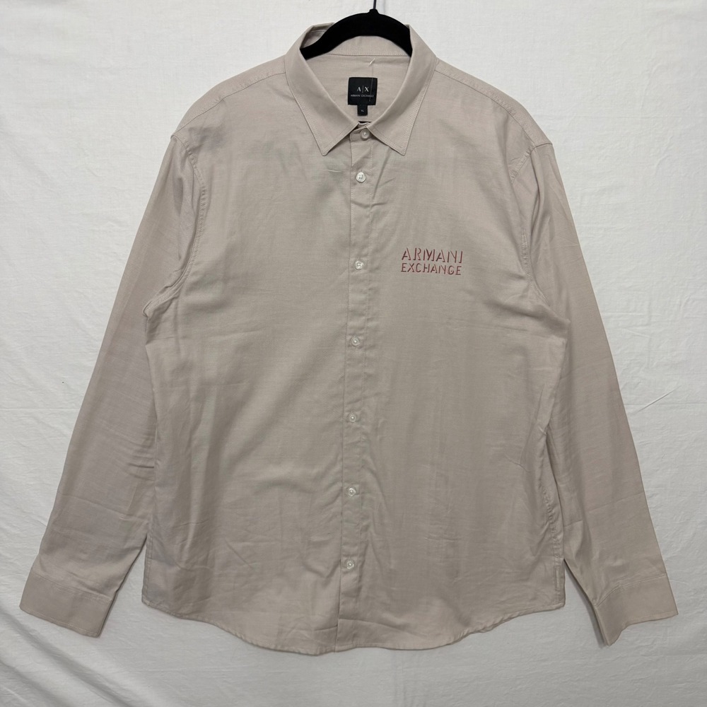 Armani Exchange‎ Mens XL Regular Fit Long Sleeve Logo Button Down Shirt Beige